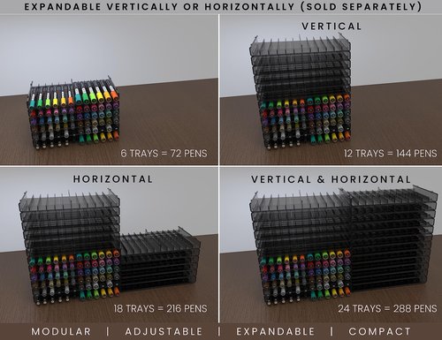 TOOLI-ART 72 Art Marker Storage Tray Desk Organizer Holder, Adjustable Dividers, Modular, Expandable, Stackable, Fit Most Pen, Pencil, Brushes. School, Home, Multi Purpose Tinted Plastic 6 Trays