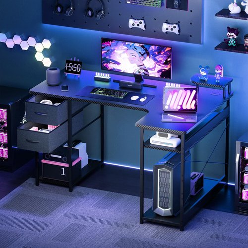 GTPLAYER L Shaped Desk with Drawers, Carbon Fiber Style Computer Desk with Monitor Shelf, Black Small L Shape Desk with Adjustable Open Storage Shelf, Corner PC Table for Small Space Home Office