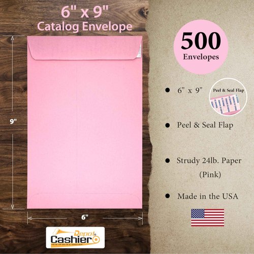 500 Cashier Depot 6 X 9 Catalog Envelopes, Peel & Seal Flap, Sturdy 24lb. Paper, 500/Box (Pink)
