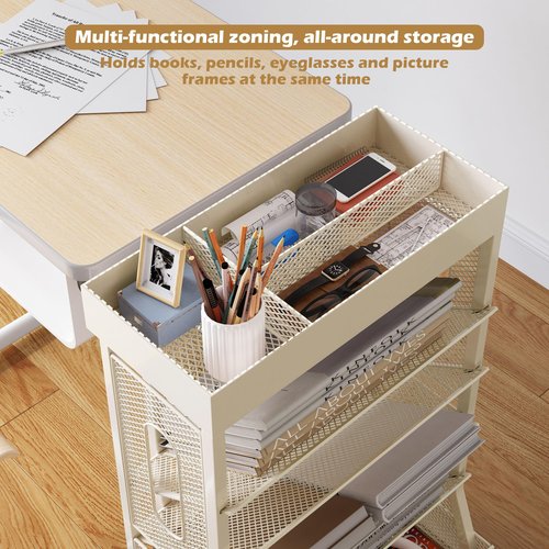 Book Cart with Wheels Mobile Bookshelf Rolling Bookshelf Organizer Bookcase Book Storage Rack, Book Movable Rolling Carts with Wheels for Office School, Beige
