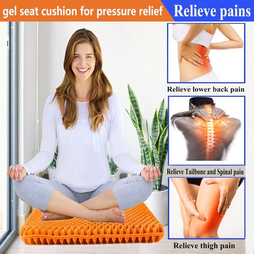 Plus Size Gel Seat Cushion for Long Sitting, Extra Large and Thick, Gel Seat Cushion for Back, Hip, Sciatica, Tailbone Pain Relief, Used for The Office, Wheelchair, Recliner, Car, Stadium(Orange)