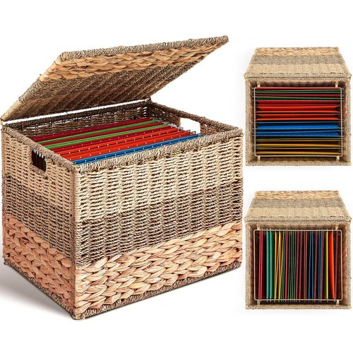 Extra Large Decorative File Box 18×16×13in Wicker Seagrass File Basket Organizer for Letter & Legal Size Hanging Filing Cabinet with Lid Document Folder Home Office Decor(Tricolor,Water Hyacinth)