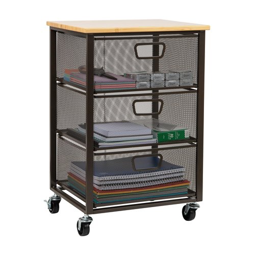 Mind Reader 3-Drawer Rolling Storage Cart, Office Organizer with Wood Top, Multipurpose Portable Cabinet with Wheels, Metal Mesh, Black