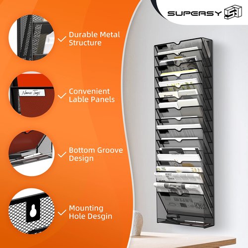SUPEASY 16-Tier Hanging Wall File Holder Organizer for Papers, Folders, Files Clipboard & Magazine Organization Great for Office Home, Black