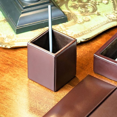 Dacasso Dark Brown Bonded Leather Pencil Cup Holder - Luxury Executive Decor and Office Accessory Desk Surface Protector