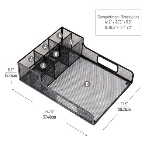Mind Reader Desktop Organizer, File Storage, Accessory Storage, Workspace, Office, Metal Mesh, 11.5" L x 14.75" W x 5.5" H, Black