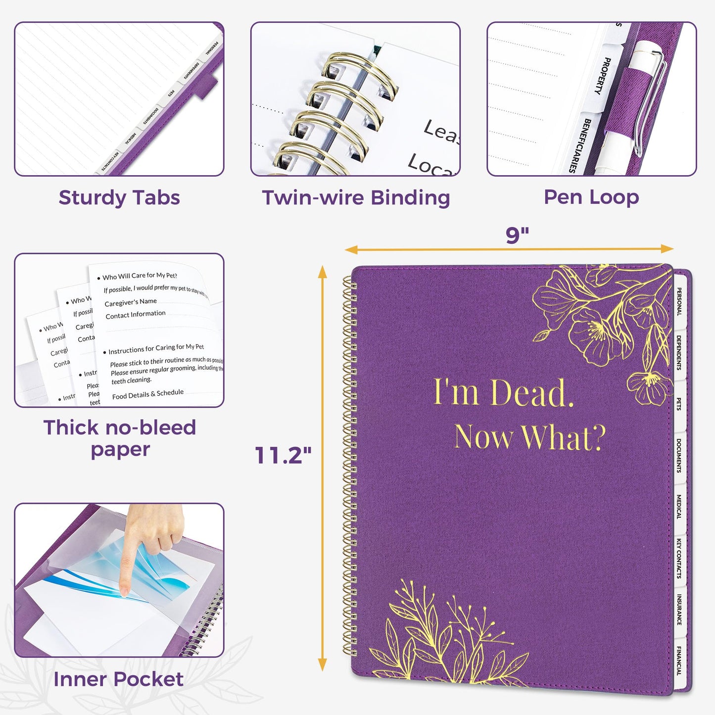 SUNEE End of Life Planner - I'm Dead Now What Planner for Seniors & Family Legacy, Large Print Spiral-Bound Estate Planning Organizer with Tabs - Final Wishes, Passwords & Funeral Planning, A4, Purple