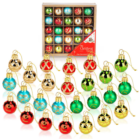 1 Inch Mini Vintage Multi Color Glass Ball Christmas Ornaments Set of 25 Balls | Miniature Christmas Tree Ornaments | Rustic Christmas Decorations | Mini Christmas Tree Decorations for Small Trees