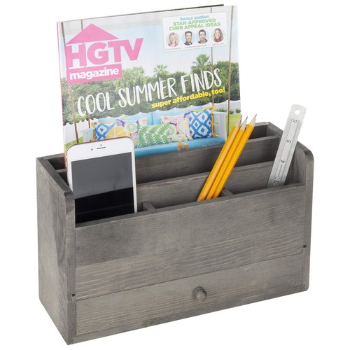 MyGift Rustic Gray Solid Wood Office Desk Supplies and Stationery Organizer, 5 Slot Wooden Desktop Mail Sorter, Document and Magazine Holder with Pull Out Drawer