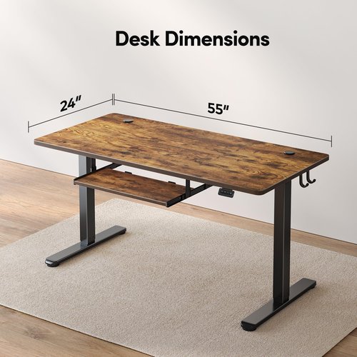 FEZIBO Height Adjustable Electric Standing Desk with Keyboard Tray, 55 x 24 Inches Stand up Table, Sit Stand Home Office Desk with Splice Board, Black Frame/Rustic Brown Top