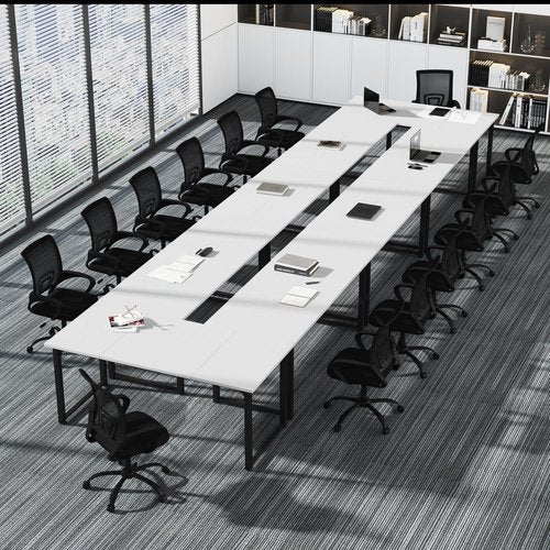 Bonzy Home 12FT Conference Table, Modern Large Meeting Table Office Desks for 16 Person, Long Rectangle Table with Sturdy Metal Frame, 4 PCS, 142" D x 64" W x 30" H, White