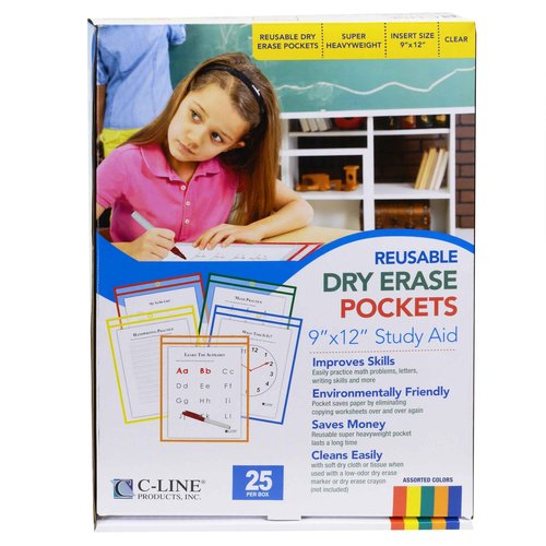 C-Line Reusable Dry Erase Pockets, 9 x 12 Inches, Assorted Primary Colors, 25 Pockets per Pack (40620)