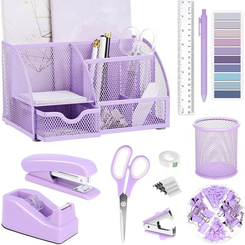 Purple Office Desk Accessories Supplies, 12pcs Desk Organizers and Accessories with Tape dispenser and Stapler,Staples,Staple Remover,Pen Holder,Scissor,Ruler,Sticky Tabs,Tape,Ballpoint Pen,Clips Set