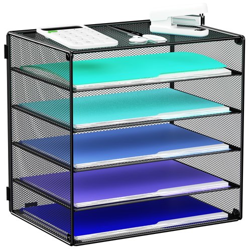 MINDEPOT 6 Tier Desk Organizer Paper Tray, Metal File Holder Desktop Organizers and Workspace Accessories for School Office Organization Storage Rack (1, Black)