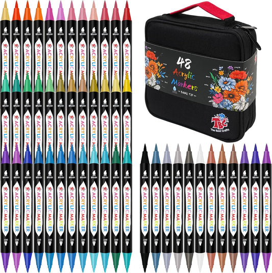 TBC The Best Crafts Dual Tip Acrylic Paint Markers - 48 Colors, Waterproof & Non-Toxic, Canvas Bag Included