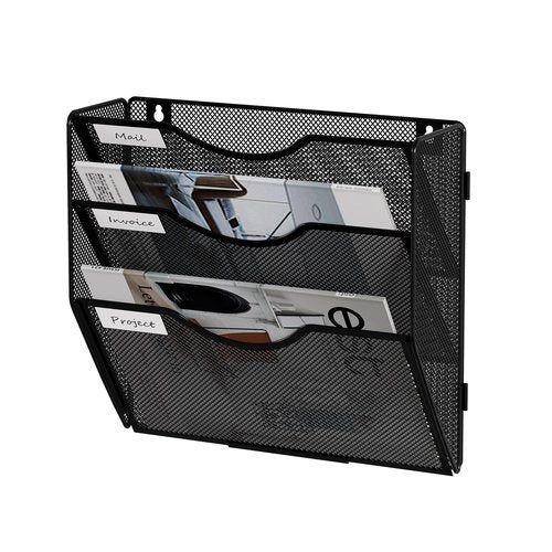 Senhoglb File Folder Organizer, 3-Tier Mesh Hanging Wall File Holder, Magazine Rack, Wall File Organizer With Pockets, Metal Document Organizer, Mail Organizer Wall Mounted for Office Home, Black