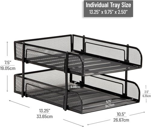 Mind Reader Stackable Paper Tray - Metal Mesh Desktop Organizer for Office | 2-Piece Set in Black