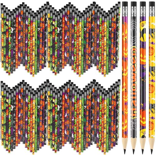 Hicarer 400 Pcs Halloween Pencils Bulk, Cute Wooden Pencils with Eraser Various Assorted Patterns Holiday Stationery Pumpkin Ghost Black Cat Halloween Party Favors Kids Office School Supplies