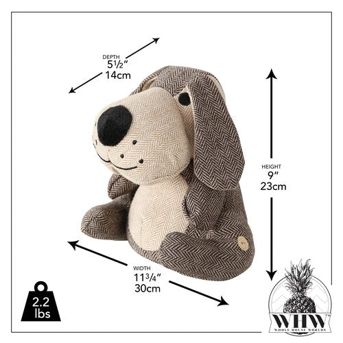 Weighted Puppy Dog Door Stopper, Floppy Ears, Brown and Tan, Tweed Fabric, Woven Polyester Exterior, Polyester and Sand Filling, 9 Inches Tall, 2.2 lbs, EN71 Te