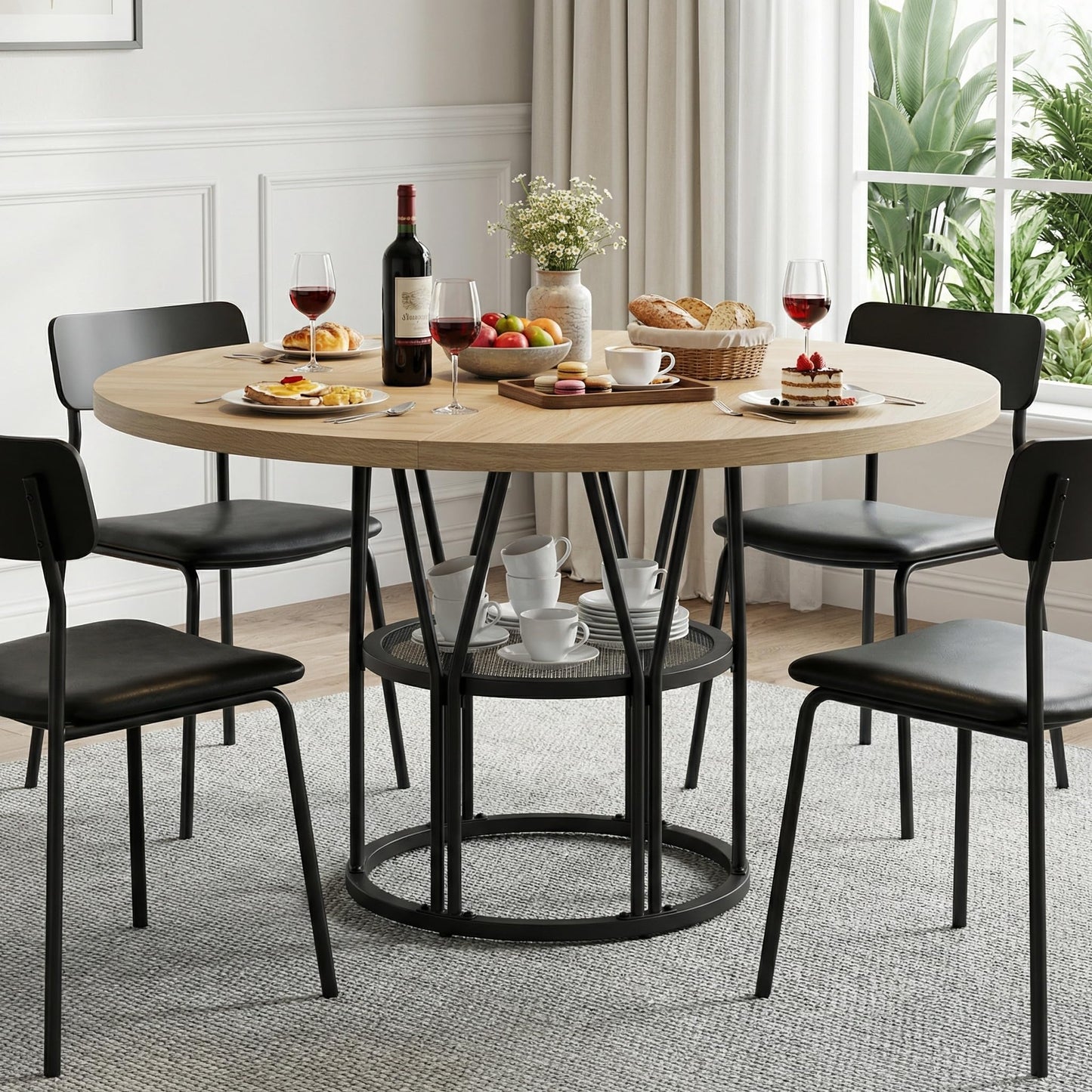 Garvee Round Dinning Table for 4-6 - 47" Circle Dinner Table with Storage Shelf & Sturdy Metal Frame, Modern Breakfast Tea Desk for Kitchen, Living Room, Apartment, Office, Natural