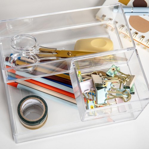 Martha Stewart Brody Desktop Storage Organizer, Stack and Slide Plastic Organizer Tray, Organizer for Office, Kitchen, or Vanity, 1-S, 1-M, 1-L (Pack of 2)