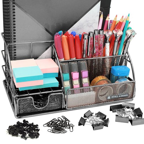 OFFICE ALMIGHTY Black Desk Organizer for Men: Exclusive Large 6 in 1 Mesh Shiny Metal Supplies Organizer with Pen Holders, Folder Holder & Accessories Drawer + BONUS 171 Clips Set w/a Plastic Box
