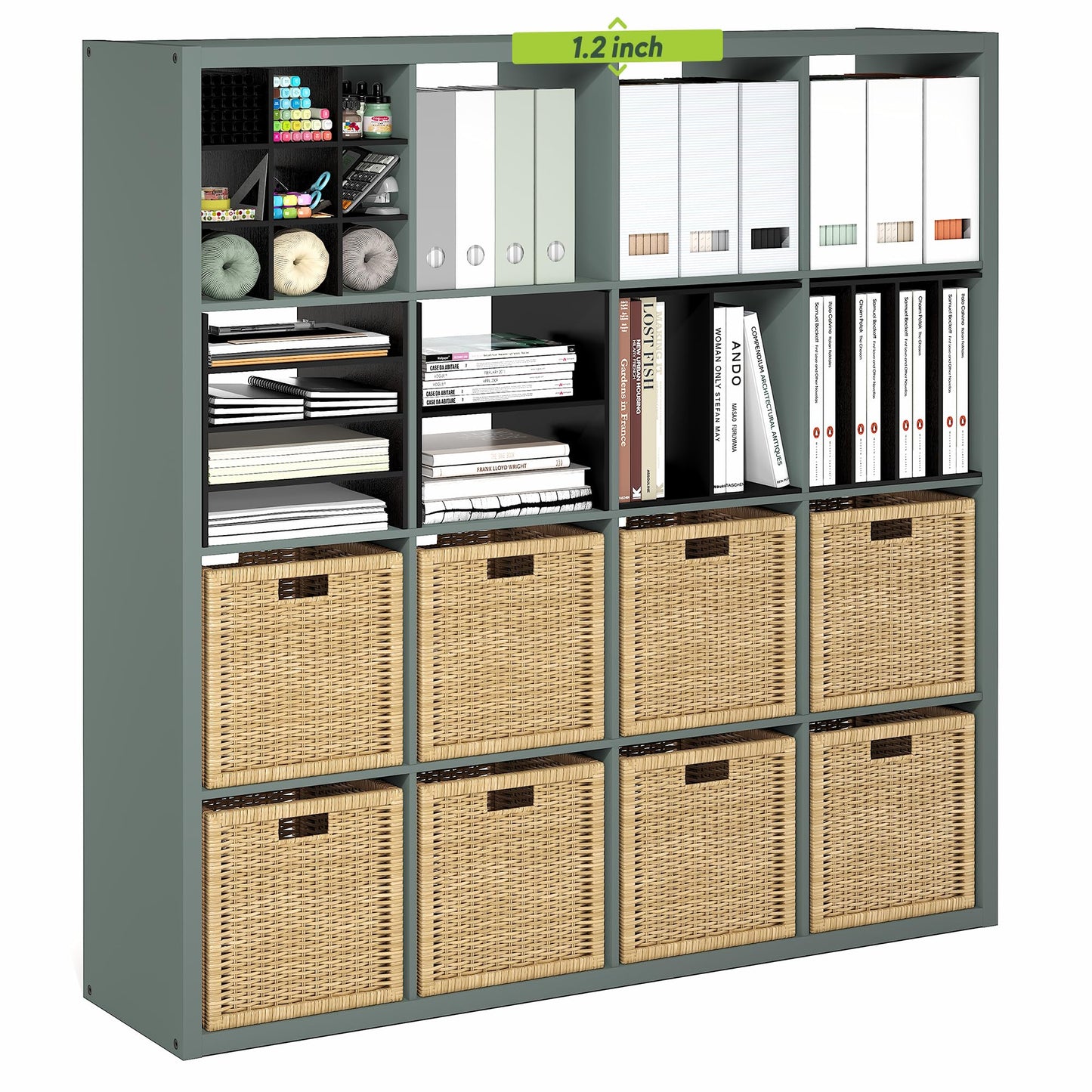 Furinno Cubicle Book Shelf, 16-Cube Bookshelf, Extra Thick Frame Reversible Bookcase with Open Back, 14.6" x 58" x 58", for Living Room, Bedroom, Home Office, Sage Green