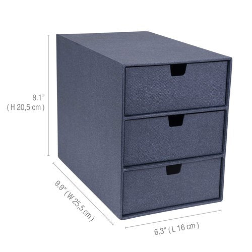 Bigso Box of Sweden Ingrid 3-Drawer Fiberboard Desk Organizer for Office Supplies and Accessories - Stackable Makeup Drawer Organizer - 6.3in x 9.9in x 8.1in - Blue