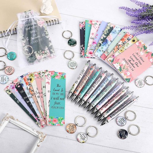 Jetec 150 Bible Verses Gift Set for 30 Christian Bookmarks 30 Scripture Ballpoint Pens 30 Christian Notebooks 30 Bible Verse Keychain 30 White Organza Bags for Women Men Office Church(Flower)