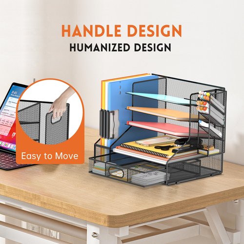DALTACK Mesh Desk Organizer, 5-Tier Paper Letter Tray with File Holder & Pen Holder & Sliding Drawer, Desktop Organizer and Storage for Desk Accessories Office Supplies, Black