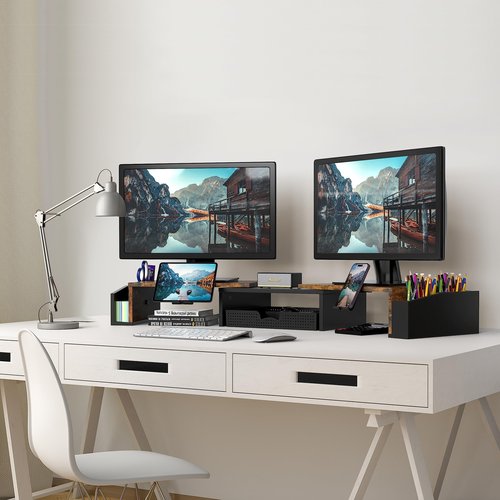 Simple Houseware Desk Dual Monitor Stand Riser with Drawer, Rustic Brown