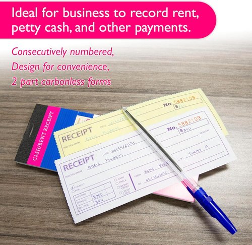 BAZIC PRODUCTS Receipts Book - 2-Part Carbonless Money Cash Rent Receipts for Landlords | 50 Sets, 7.5" x 2.75", White