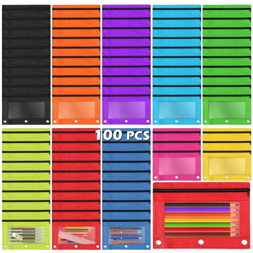 Pencil Pouch for 3 Ring Binder, 100 Piece Bulk 3 Holes Zipper Pencil Pouches in 10 Assorted Colors, Clear Durable Pencil Case for School, Classroom, Office Supplies