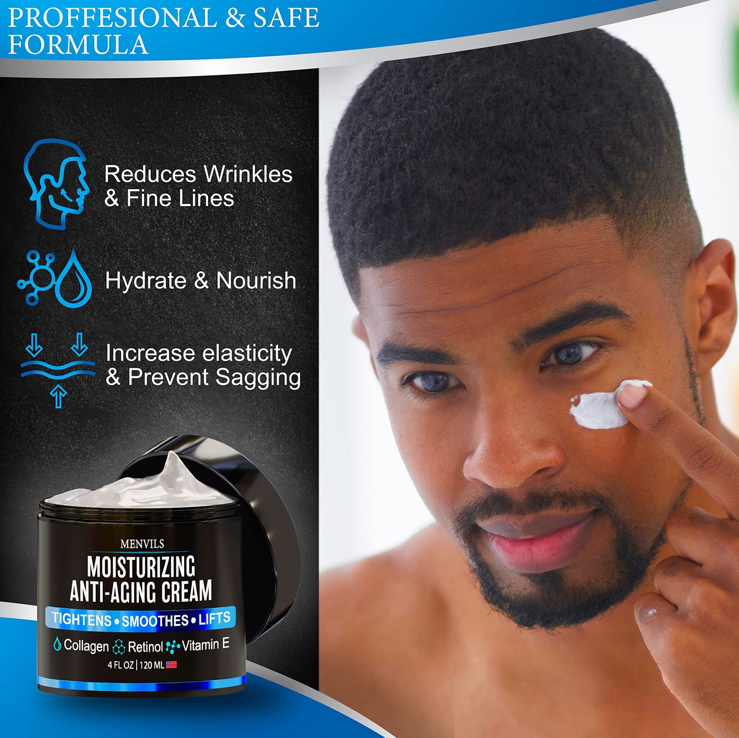 (2 Pack) Mens Face Moisturizer Cream - Anti Aging & Wrinkle for Men with Collagen, Retinol, Vitamins E, Jojoba Oil - Face Lotion - Age Facial Skin Care - Eye Wrinkle - 8 oz Total