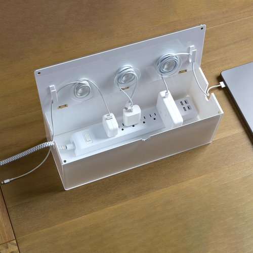 russell+hazel Desk Organizer Large Acrylic Cable Management Box, Transparent with White Backing, Hinged Lid, Integrated Notches & Hooks, 15.5" x 6" x 6" Cord Organizer for Home (102755)