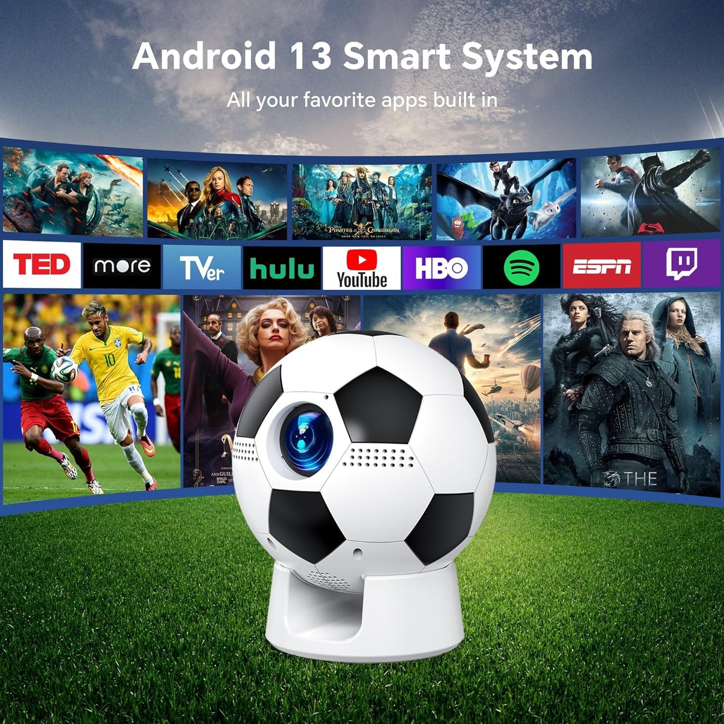 Smart Mini Projector - Android 13 WiFi Bluetooth | 1080P Football-Shaped Movie Projector for Outdoor & Bedroom