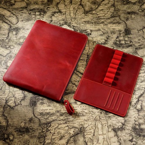 AIGUONIU Genuine Leather Zip Pen Case Creative 7 Slots Pen Case With Removable Pen Tray Holder Pencil Case Office Supplies Pouch(Red)
