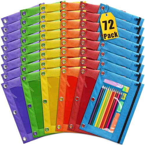 Pencil Pouch for 3 Ring Binder, 72 Pack Pencil Pouches with Zipper & Clear Window - 6 Assorted Color, Pencil Case Bulk for 3-Holes Binder, Multi-Purpose Storage Bag for Office, School Supplies (72)