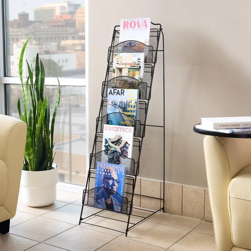 Safco Onyx Mesh Magazine Holder, Ladder Style Display Rack with 5 Pockets, Brochure Organizer, Commercial-Grade Steel Construction, Black