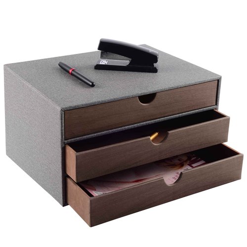 RHCSZ Cloth-effect Faux Leather Desk Organizer File Cabinet Executive Office Supplies Desktop Filing A4 Contract Document Stackable Storage Box with 3 Drawers (Grey)