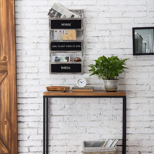 MyGift Wall Mounted Torched Solid Wood Magazine and Mail Holder Organizer Rack with 3 Slots and Chalkboard Labels
