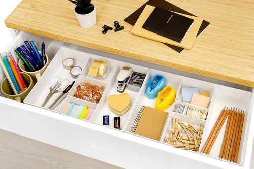 CAXXA 2PK - 3 Slot Drawer Organizer with Two Adjustable Dividers - 5 Compartments Drawer Storage Junk Drawer Organizer for Office Desk Supplies and Accessories, White