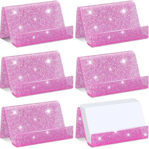 GlikCeil 6 Pack Pink Business Card Holder for Desk Glitter Acrylic Business Shine Card Holders Stand Organizer Display for Office Desktop