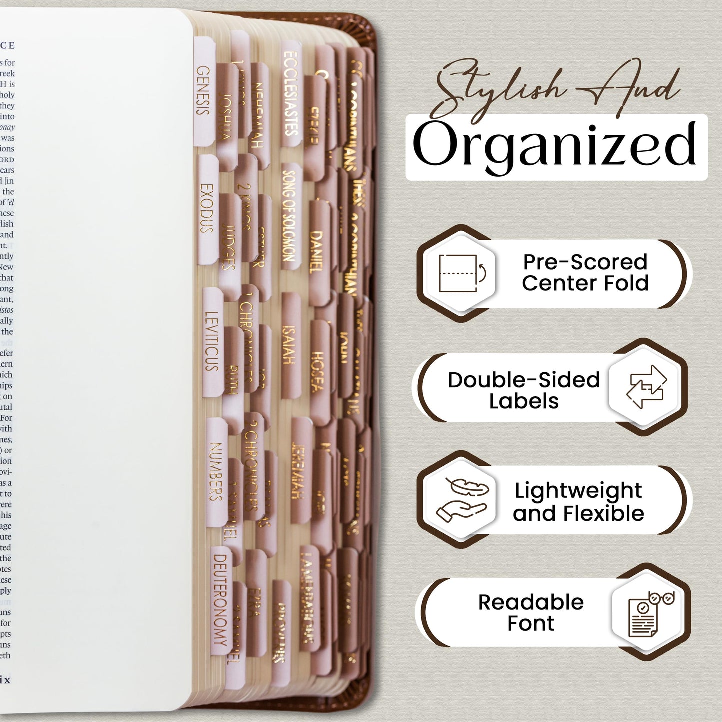 Premium Laminated Bible Tabs for Women Bible,Elegant Gold Foil Embossed Lettering,Lightweight Catholic Bible Tabs,Easy to Read & Apply,Bible Chapter Index Tabs,Double-Sided Labels,Ideal Gift (Oak)