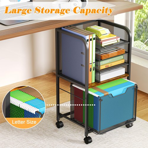 5-Tier Rolling File Cart Under Desk with Drawers, File Cabinet Organizer for Hanging File Folders, Letter-Size File Storage with Wheels, Multi-Layer Mobile Filing Cabinet for Under Desk Storage