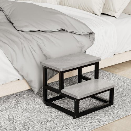 SZLHANJZ Step Stools, Heavy Duty Stepping Stool for Kids Adults, Non-Slip Metal and Wooden 2 Steps Foot Stool for High Beds and Kitchen, Round Corner, 500 Lbs Capacity, Cement Gray