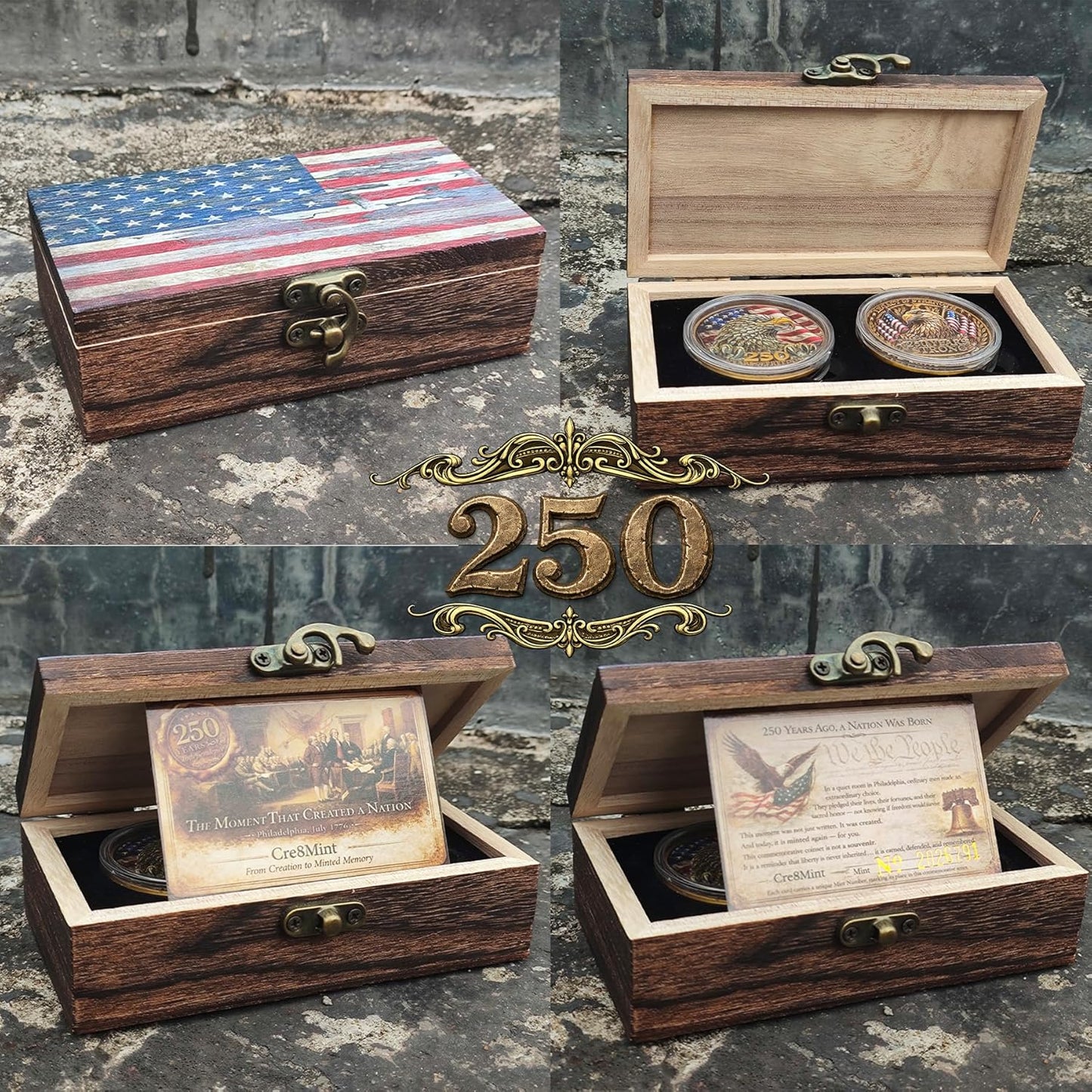 250th Anniversary USA Commemorative Coin Set - Patriotic Eagle & Liberty Bell Coins in Wooden Gift Box | 1776–2026 Collector’s Edition