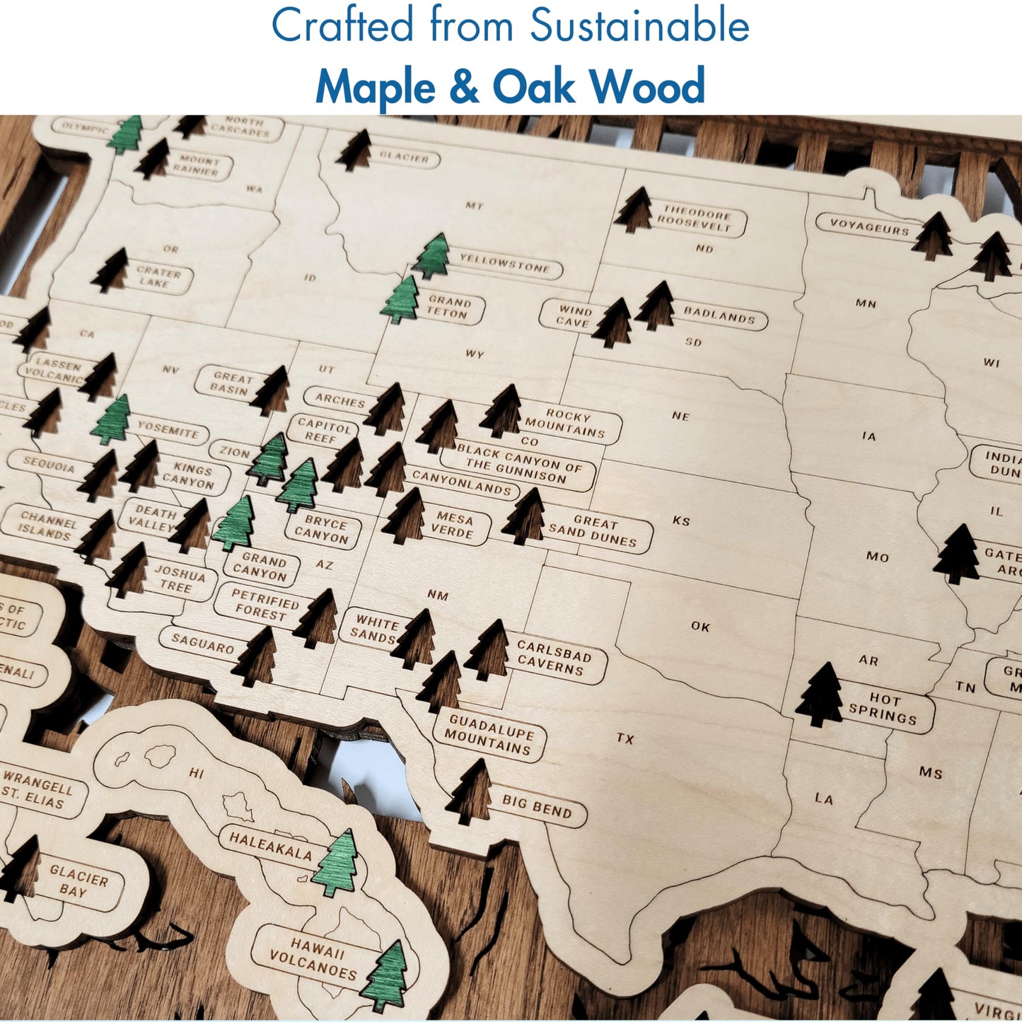 Wooden National Park Map with Push Pin Travel Tracker - All 63 Parks Checklist – Handcrafted in USA - Gift for Hikers, Couples & Families – Bucket List Wall Art Decor