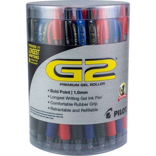 Pilot G2 Premium Gel Roller Pens, Bold Point, Gel Ink Pens, 1 mm, Tub of 36, Black, Blue, Red - Ideal for School, Journaling & Office Writing