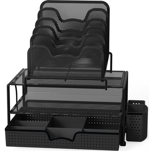 Simple Houseware Mesh Desk Organizer with Sliding Drawer, Double Tray and 5 Stacking Sorter Sections, Black